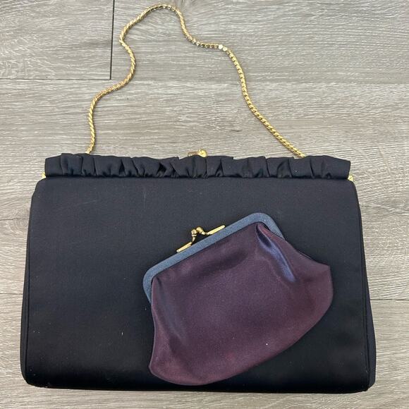 MM Satin- purse mirror coin purse- dark purple black- gold chain- ruffle-vintage - Picture 9 of 12